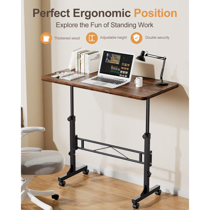 Small Standing Desk Adjustable Height, Mobile Stand Up Desk with Wheels, 32 Inch Portable Rolling Desk Small Computer Desk, Portable Laptop Desk Standing Table Rustic