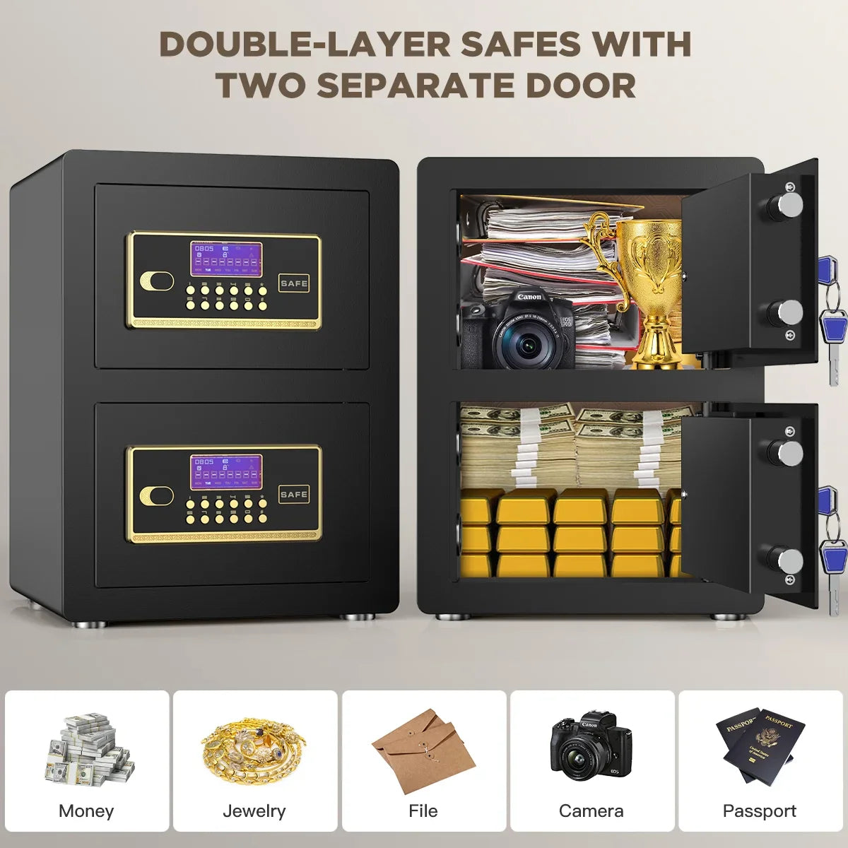 TNTANTS 4.6 Cuft Large Double Door Safe Box, Digital Keypad Home Safe With Fireproof Waterproof Bag, Security Safe for Money Business Office Black