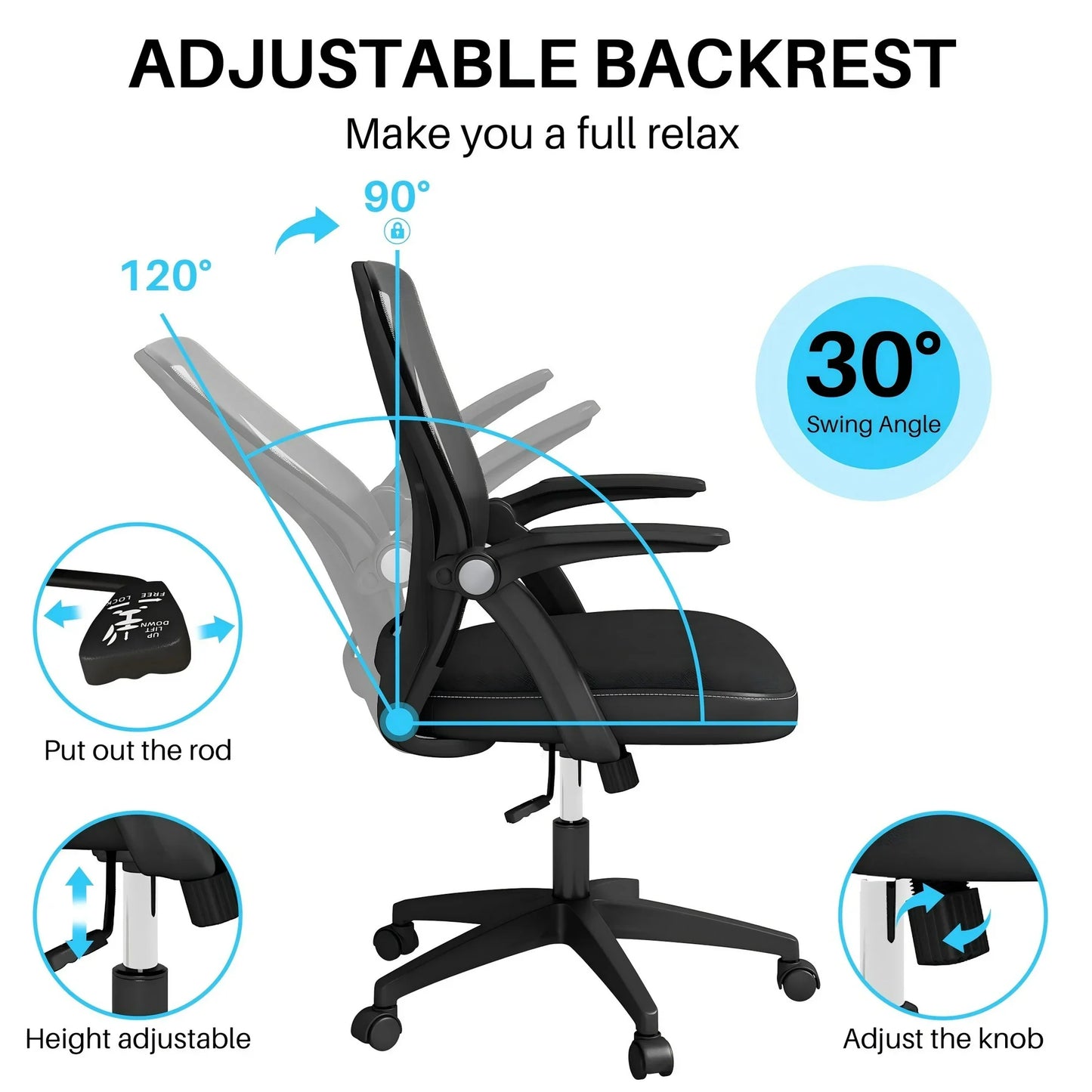 HomeZeer Desk Chairs with Wheels, Recline Office Chair with Adjustable Arms, Ergonomic Mesh Office Chair with Flip Up Arms 300 lbs, Black