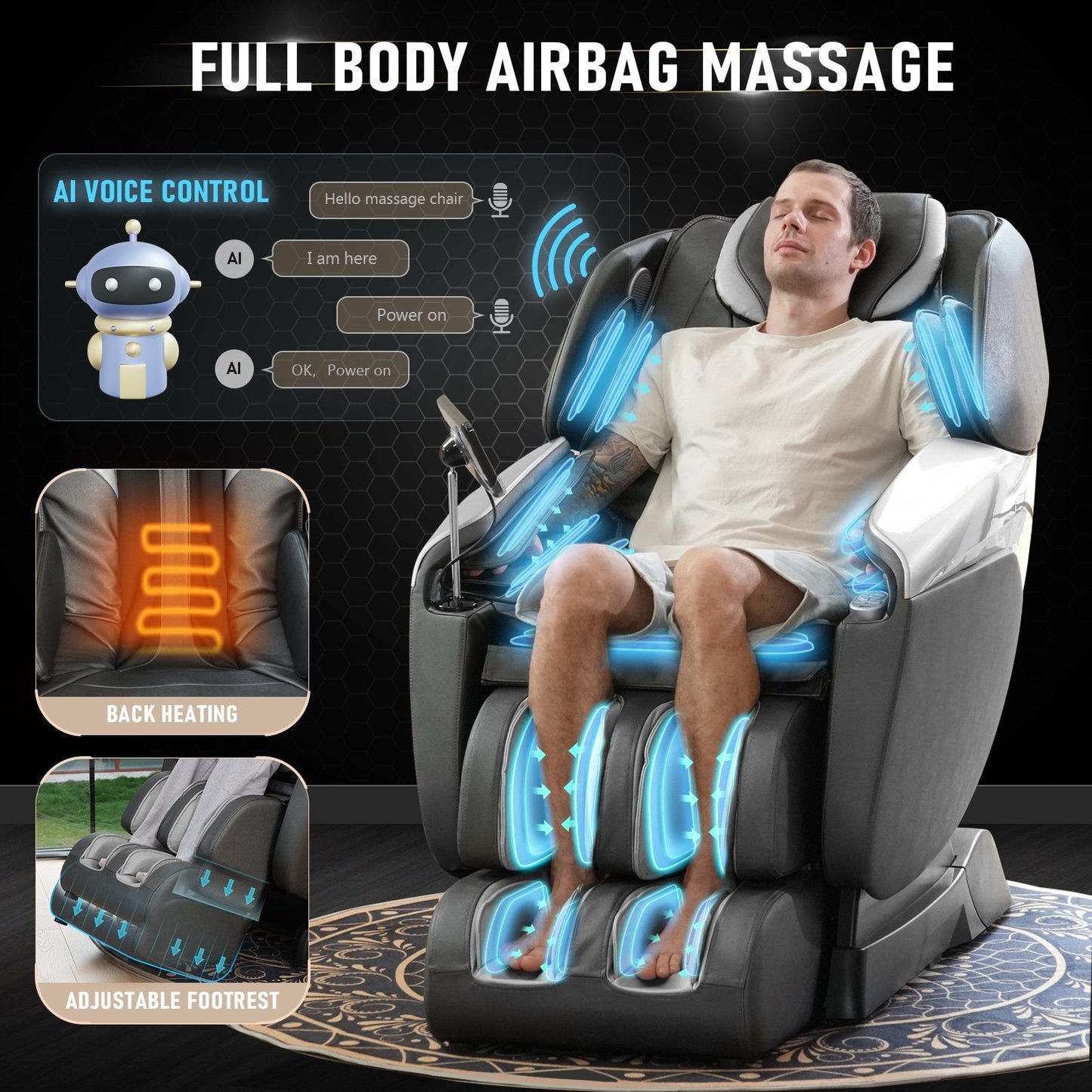 Massage Chair Full Body, 2024 4D SL-Track Zero Gravity Massage Chair Shiatsu Recliner with Mat, 9 Pre-set Auto-Programmed, Body Scan, Airbag Massage,Blackgrey