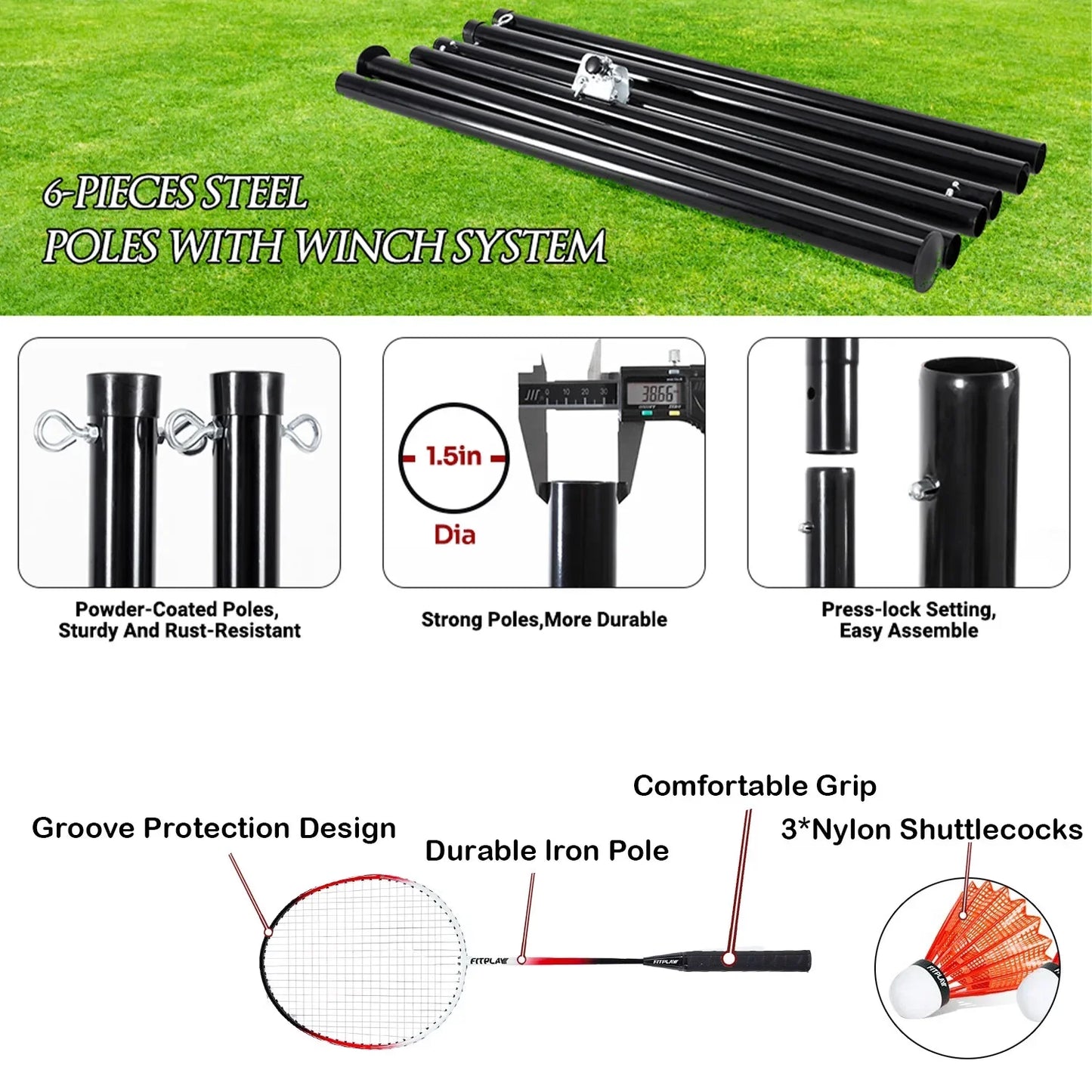 JASCOPRO Volleyball and Badminton Combo Net Set, Portable 3 Height Adjustable with Handbag