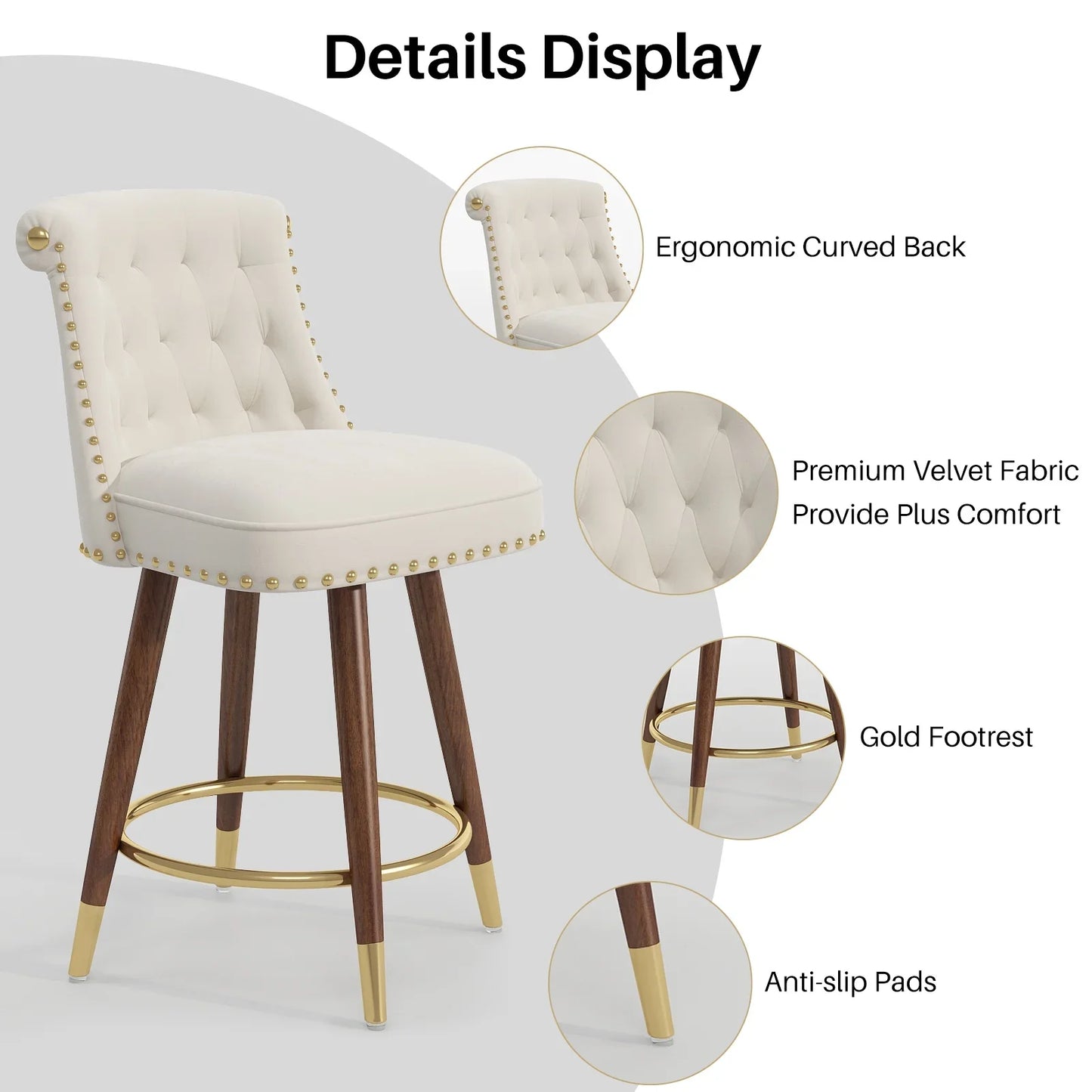 HomeZeer 24" Bar Stools Set of 4, Swivel Counter Height Bar Stools with Back and Footrest, Velvet Upholstered Bar stools with Solid Wood Legs, Button Tufted Barstools for Kitchen Island,Beige