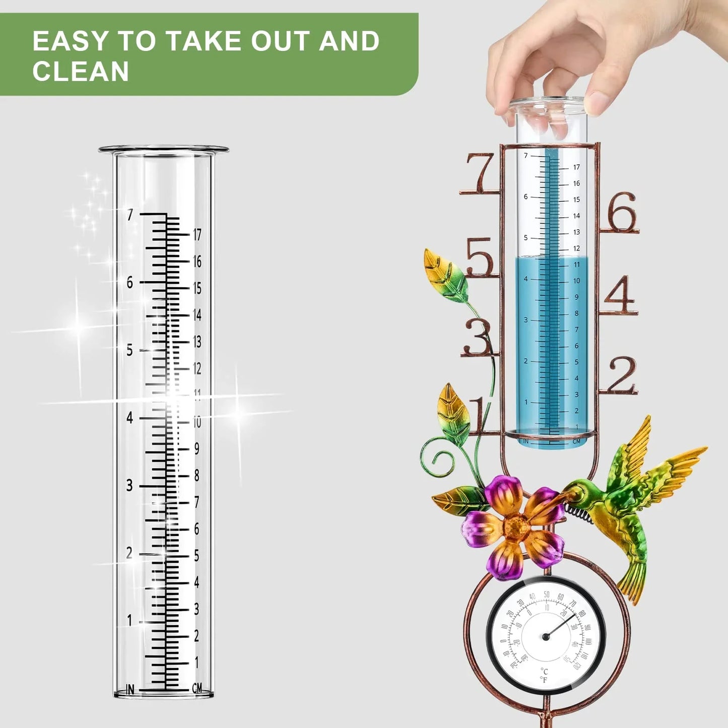 VANCORE Rain Gauge Outdoor: 32" Copper Rain Gauges Outdoor 7" Capacity with Thermometer Metal Stake, Hummingbird