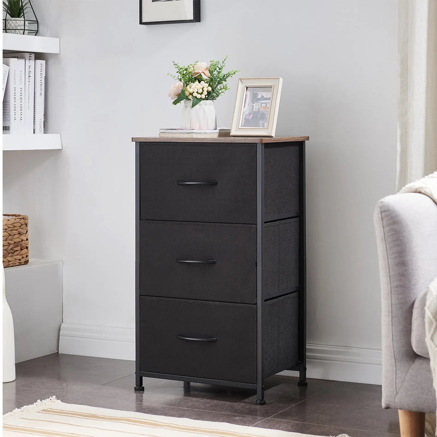 Somdot Nightstand with 3 Removable Fabric Vertical Drawers for Living room, Black Rustic Brown