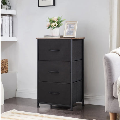 Somdot Nightstand with 3 Removable Fabric Vertical Drawers for Living room, Black Rustic Brown