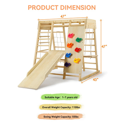 Indoor Baby Climbing Toys, Playground Jungle Gym Montessori Waldorf Style Wooden Toddlers Climber Playset for Children Kids 2-7 with Slide, Climbing Wall, Rope Wall Net, Swing, Ladder