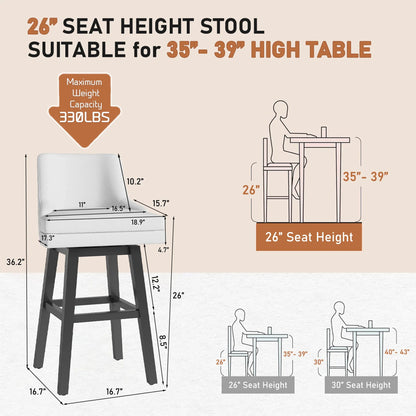 HomeZeer 26" Counter Height Bar Stools Set of 4, Low Back Modern Square Bar Stool, Upholstered Barstools Chairs for Kitchen Island, White