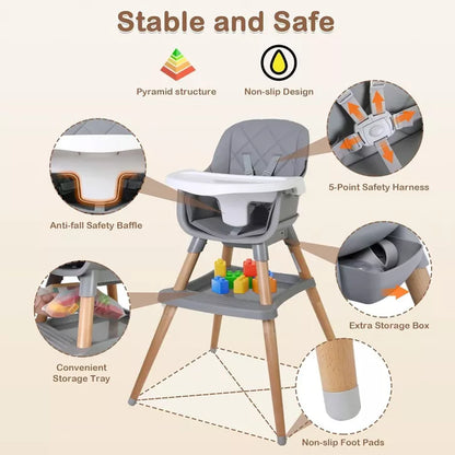 Kinder King 7 in 1 Baby High Chair Convert to Wooden Feeding Chair Removable Tray 5-Point Harness Gray
