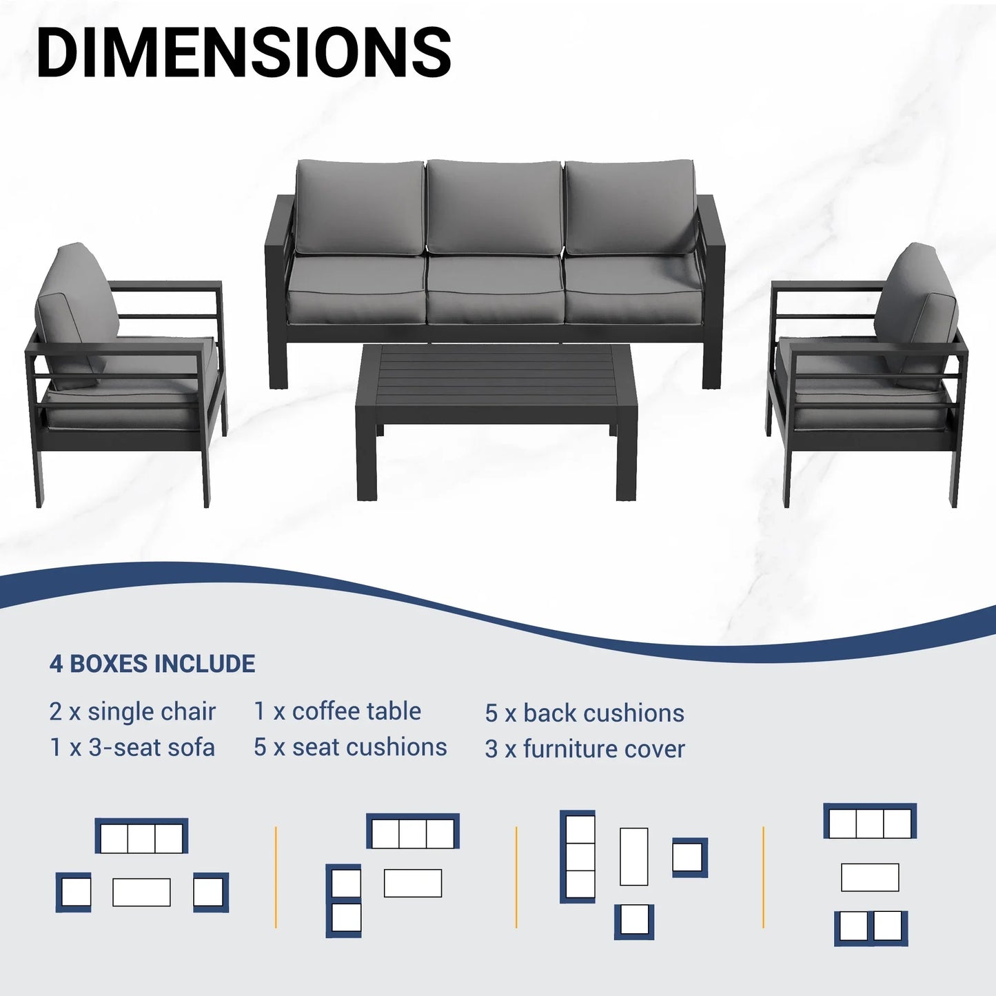 ECOPATIO Aluminum Patio Furniture Set, 6 Pcs Modern Outdoor Sofa Sets, Outdoor Sectional Patio Conversation Set with Coffee Table for Backyard, Poolside, Dark Grey