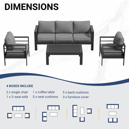 ECOPATIO Aluminum Patio Furniture Set, 6 Pcs Modern Outdoor Sofa Sets, Outdoor Sectional Patio Conversation Set with Coffee Table for Backyard, Poolside, Dark Grey
