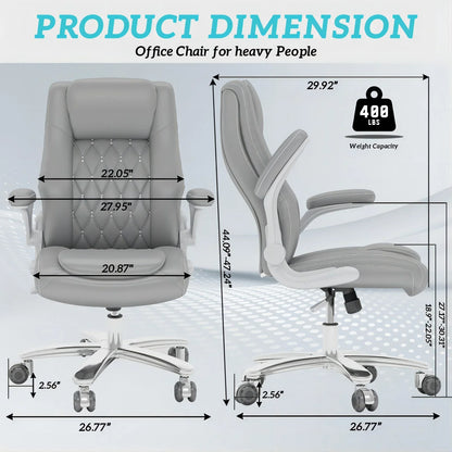 HomeZeer Executive Office Chair 400lbs, High Back Office Chair with Adjustable Flip-Up Arms,Leather Computer Desk Chair with Lumbar Support, Gray