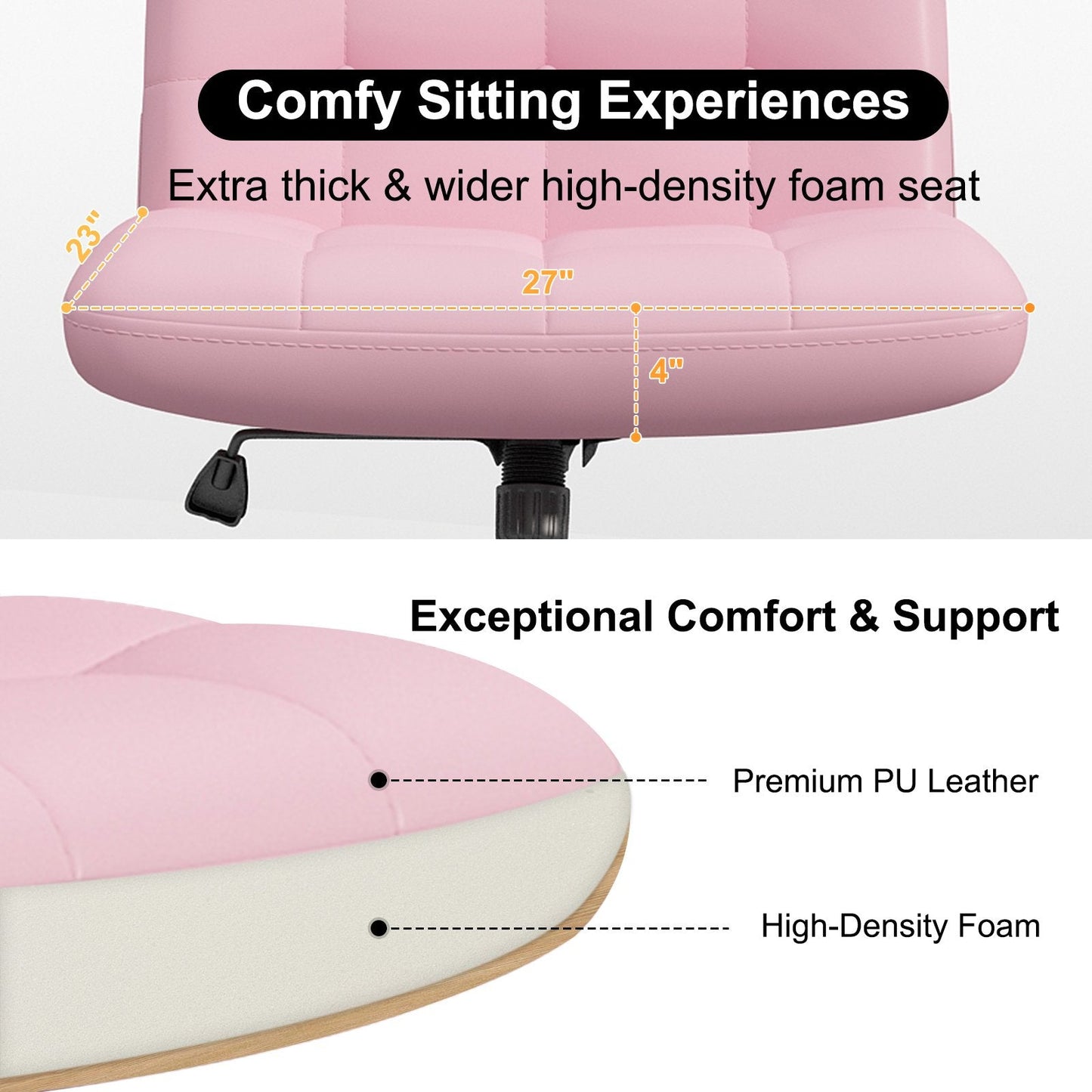 HomeZeer Criss Cross Legged Office Chair, Rocking Wide Seat Home Office Task Chair Mid Back Vanity Chair,Pu Leather Adjustable Swivel Armless Desk Chair for Small Space, Pink