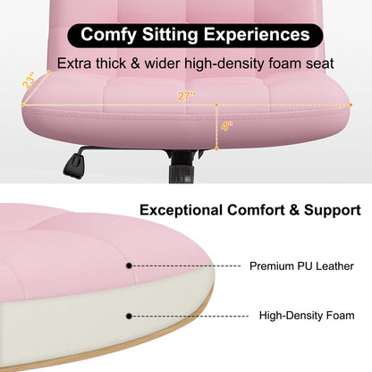 HomeZeer Criss Cross Legged Office Chair, Rocking Wide Seat Home Office Task Chair Mid Back Vanity Chair,Pu Leather Adjustable Swivel Armless Desk Chair for Small Space, Pink