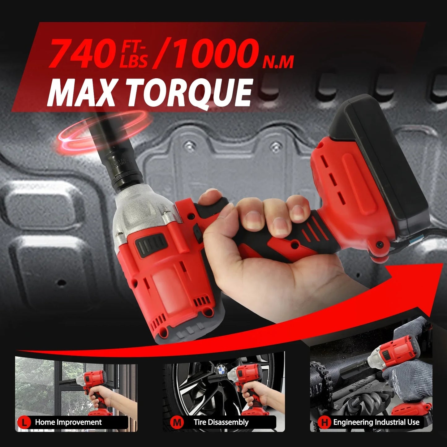 Baokaler Cordless Impact Wrench, Max Torque 740 Ft-lbs Impact Gun 1/2 inch, High Efficiency Brushless Motor with Fast Charger and Battery