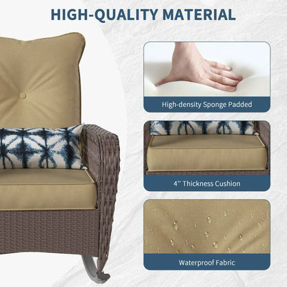 Poteban 3-Piece Outdoor Rocking Chairs, Wicker Patio Furniture with Thickened Cushions and Table for Porch (Khaki)