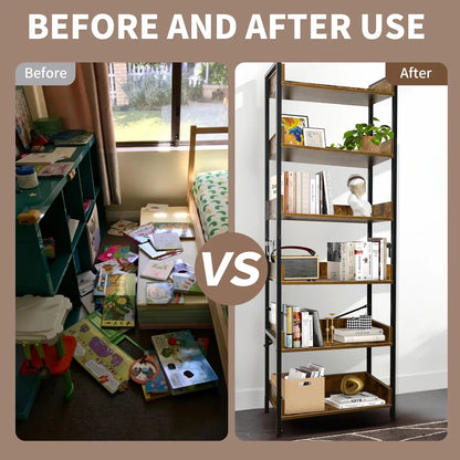 Bookshelf 6 Tier with 4 Hooks, Industrial Bookcase, Vintage Storage Rack with Open Shelves, Rustic Standing Bookshelves Metal Frame Display Rack for Living Room, Bedroom, Rustic Brown