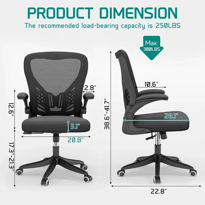 HomeZeer Ergonomic Office Chair, Home Desk Chair with Lumbar Support, Flip-up Arms Mesh Office Chair, Black