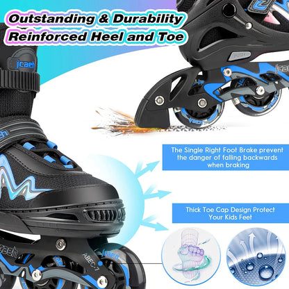 Adjustable Inline Skates for Kids and Adults, jcaeh 4 Sizes Outdoor Blades Roller Skates with Full Illuminating Light Up Wheels for Girls and Boys, Men and Women/Blue(Size 1-4 US)