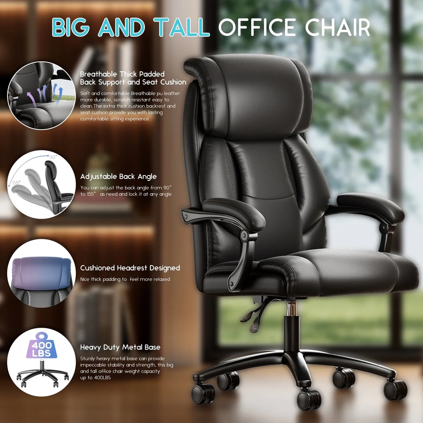HomeZeer Big and Tall Office Chair 400lbs, High Back Executive Reclining Office Chair, Swivel Leather Home Office Desk Chairs for Adults, Ergonomic Computer Chair, Black