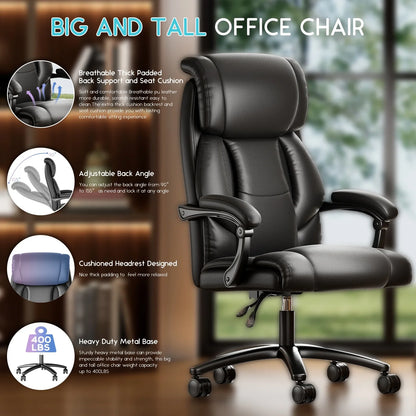 HomeZeer Big and Tall Office Chair 400lbs, High Back Executive Reclining Office Chair, Swivel Leather Home Office Desk Chairs for Adults, Ergonomic Computer Chair, Black