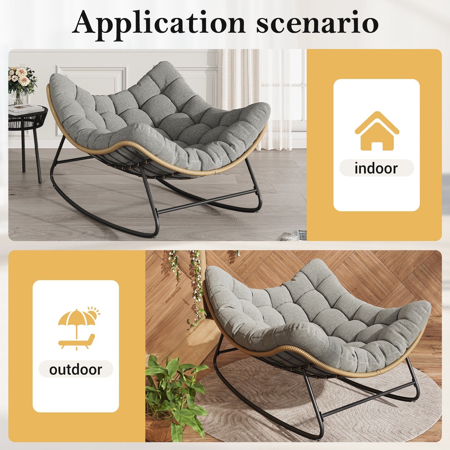 Poteban Outdoor Rocking Chair, Indoor Papasan Chair, Oversized Egg Rocking Chair with Thick Cushion, Rattan Wicker Rocker Lounge Chair for Bedroom, Living Room, Patio, Garden, Porch (Light Grey)