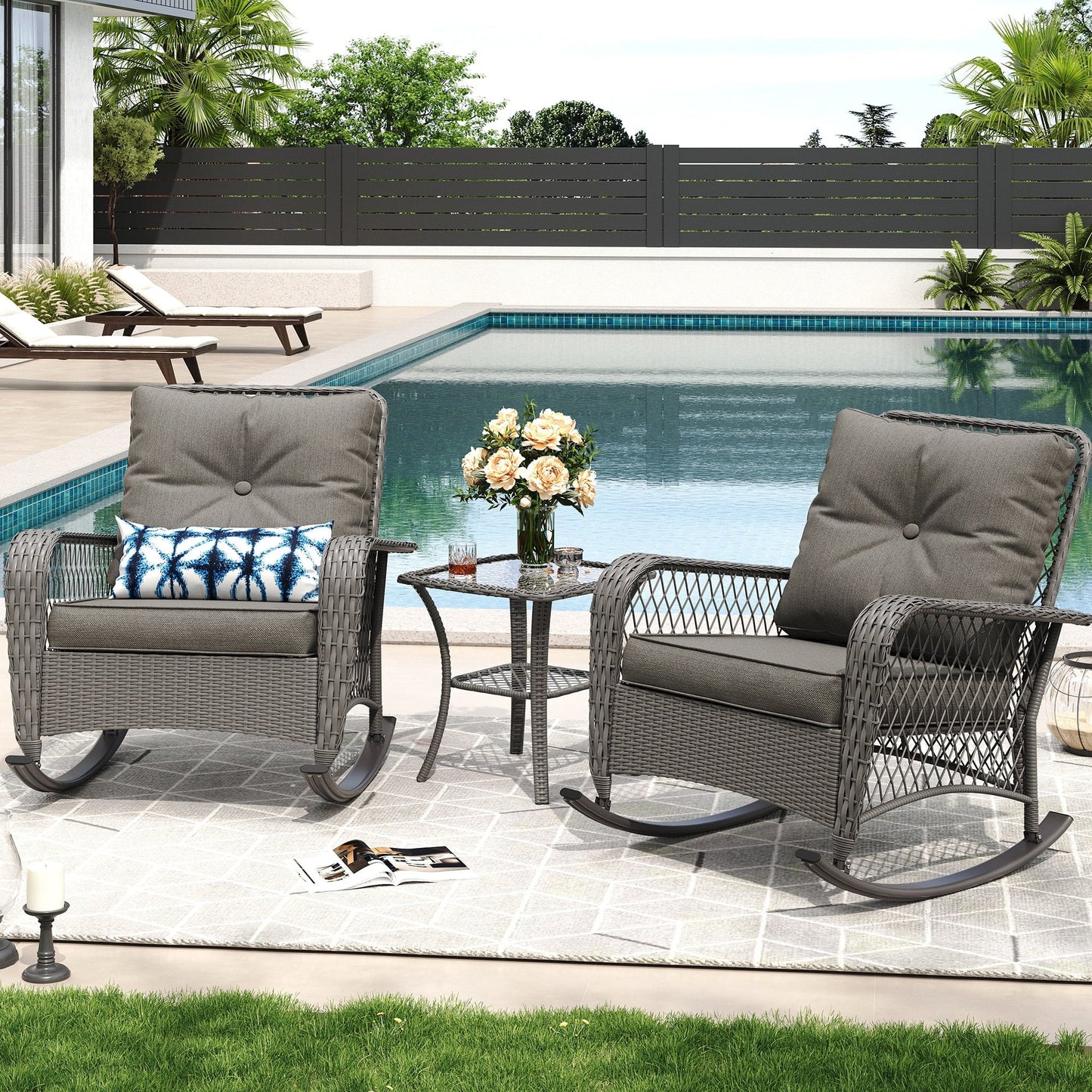 ECOPATIO Outdoor Rocking Chairs Set of 3, Wicker Patio Furniture with Thickened Cushions and Table for Porch£¬350lbs Weight Capacity(Gray)