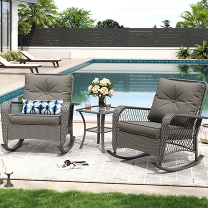 ECOPATIO Outdoor Rocking Chairs Set of 3, Wicker Patio Furniture with Thickened Cushions and Table for Porch£¬350lbs Weight Capacity(Gray)