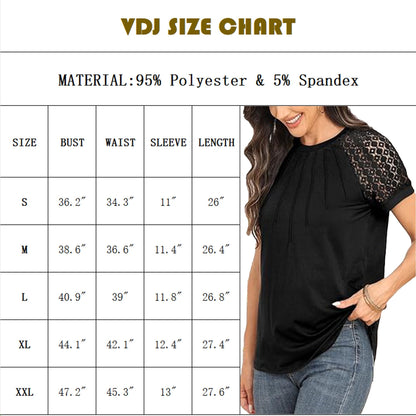 VDJ Womens T shirts Trendy Fashion Lace Short Sleeve Dressy Tops Casual Business Blouses Summer Black Tee Clothing 2024 Size XL