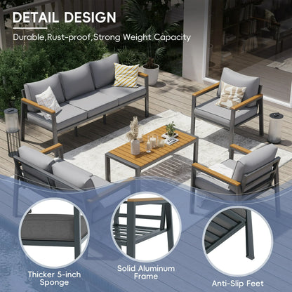 Poteban Aluminum Patio Furniture Set, Modern Metal Outdoor Patio Furniture, 8 Pcs Patio Conversation Sets with Wood Top Armrest & Table for Poolside, Deck, Dark Grey (Included Waterproof Covers)