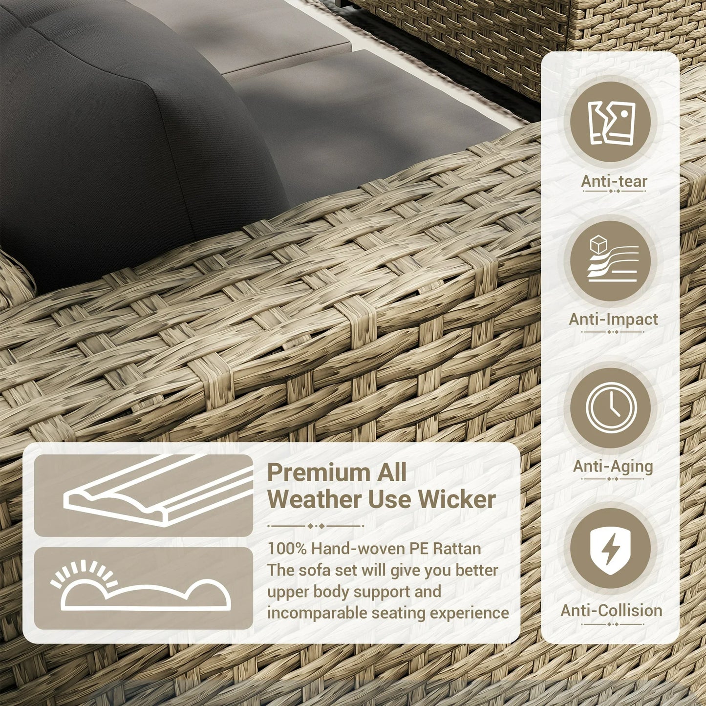 Poteban 7 Piece Outdoor Patio Furniture Set, Grey Rattan Wicker Outdoor Conversation Sectional Sofa Set with Cushions for Backyard, Gray