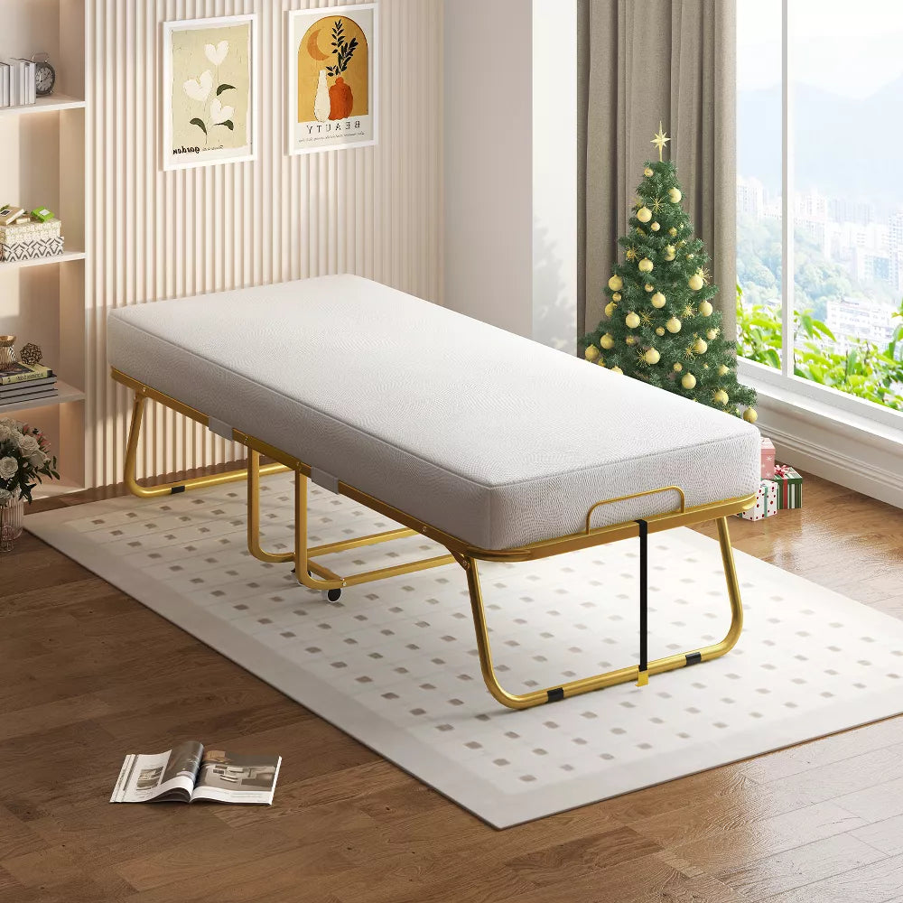 Mjkone Folding Bed with Memory Foam Mattress, Single Rollaway Bed for Guests, Space Saving Portable Bed with Lockable Wheels, Easy Assembly & Moving