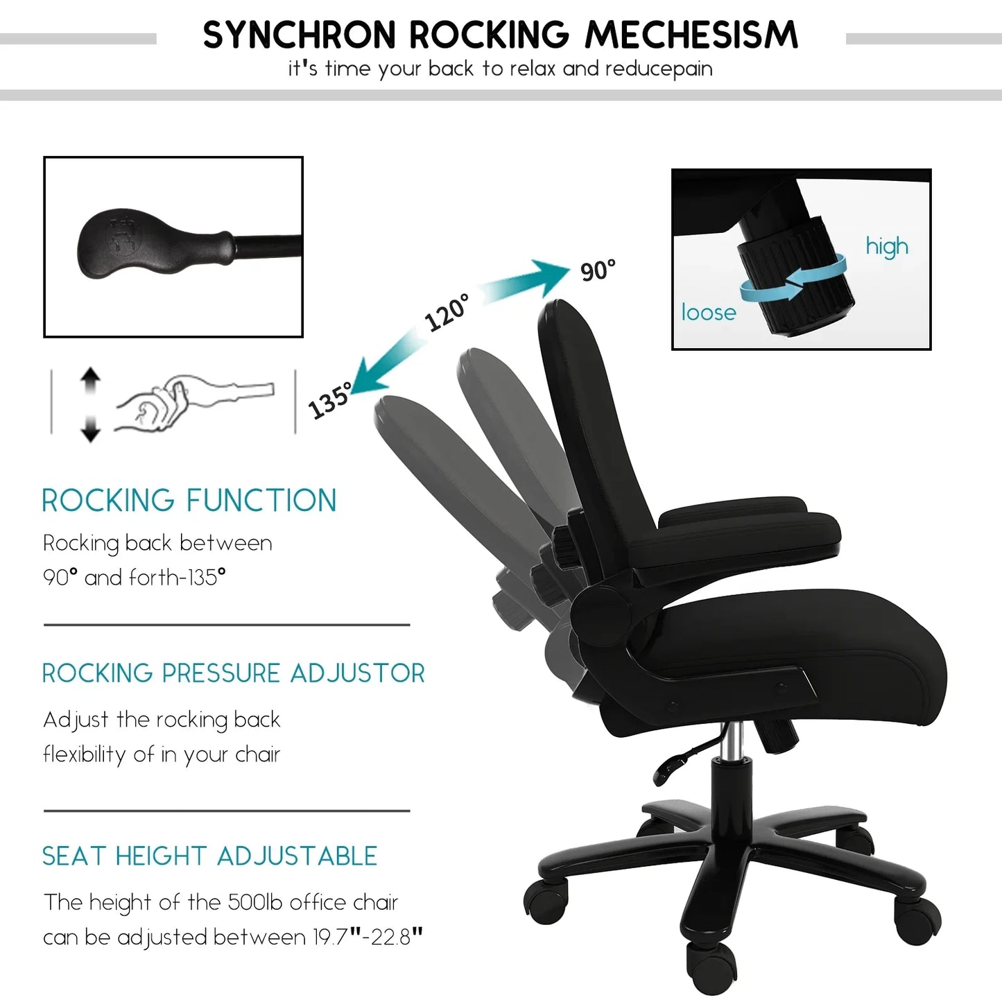 HomeZeer Big and Tall Office Chair 500lbs, Rocking Ergonomic Desk Chair with Adjustable Lumbar Support, Heavy Duty Mesh Office Chair for Heavy People, Wide Seat Swivel Computer Chair, Black