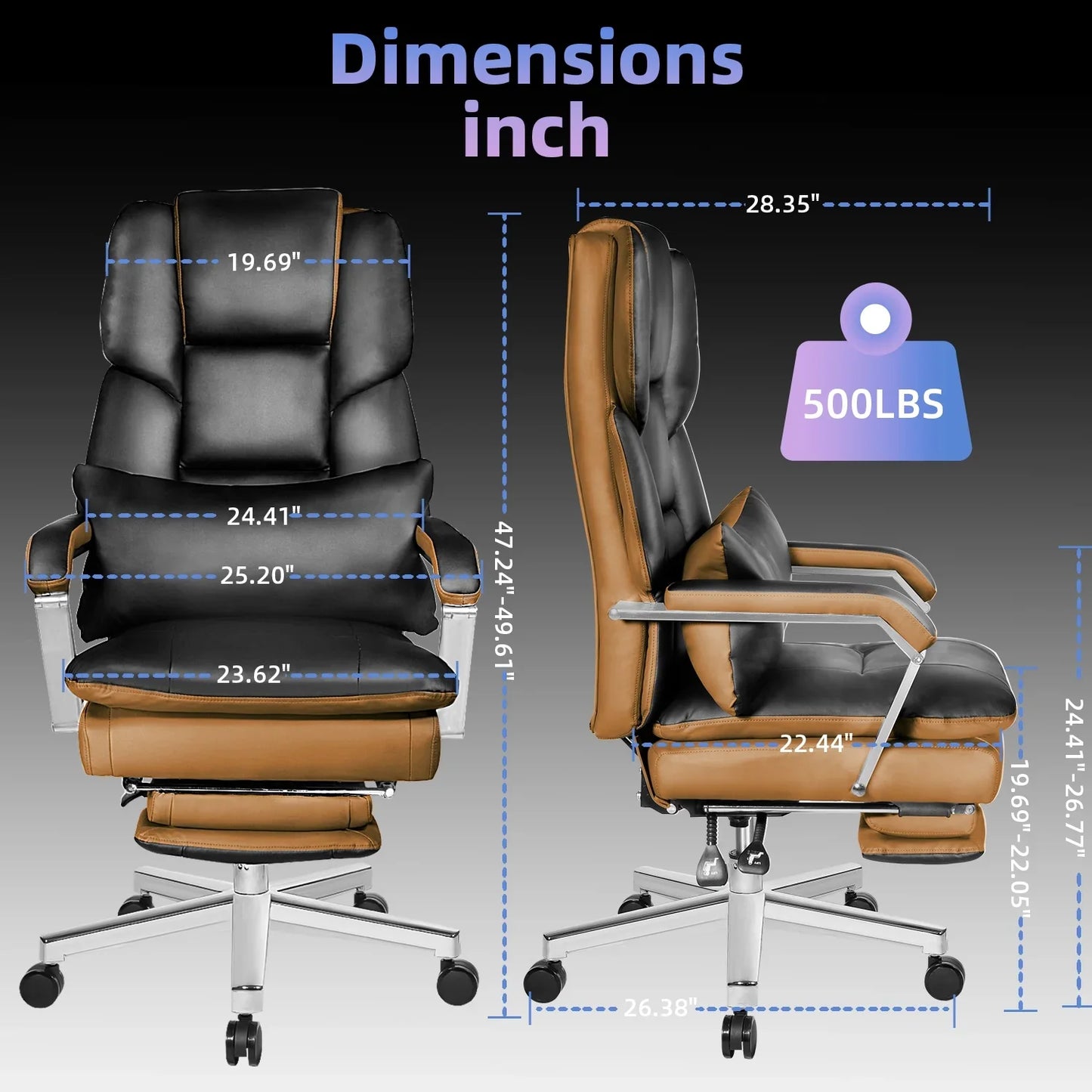 HomeZeer Big and Tall Office Chair 550 lbs, PU Leather Executive Chair Heavy Duty Desk Chairs Ergonomic Reclining Office Chair with Footrest, Black