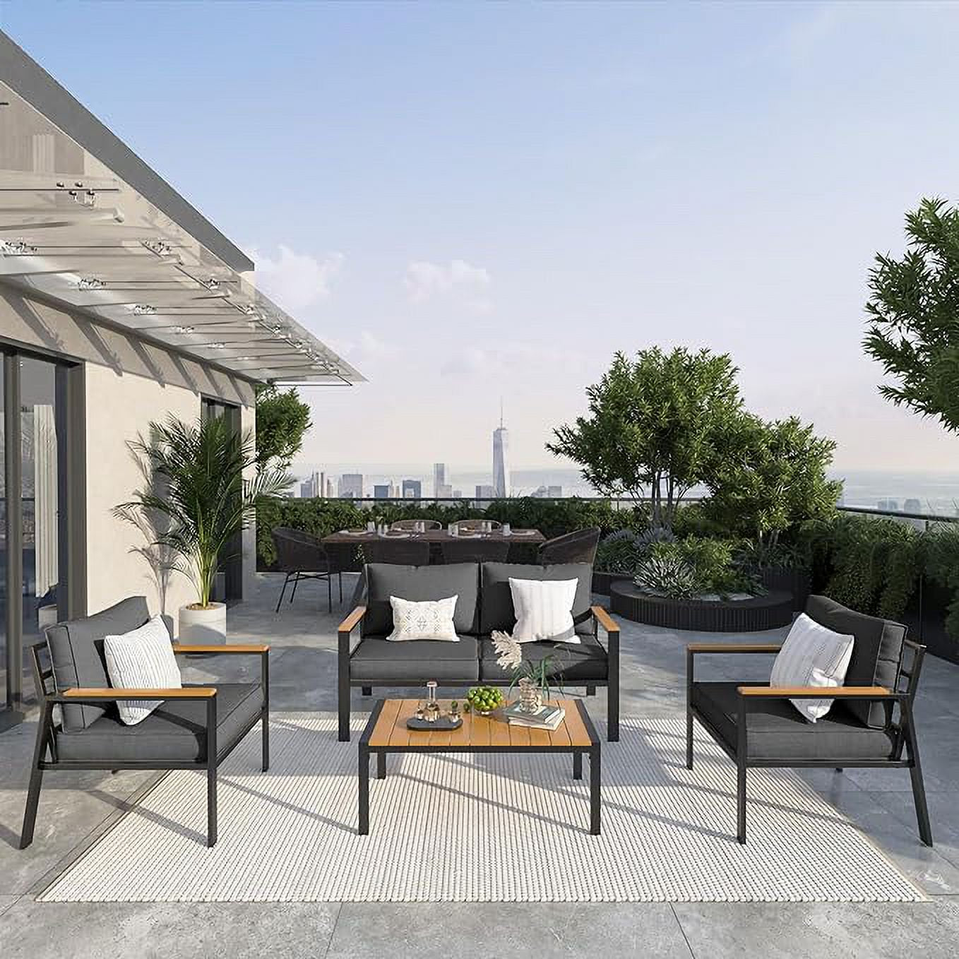 Poteban Metal Outdoor Patio Furniture Set, Modern Outdoor Conversation Furniture Sets w/Coffee Table, 4 Piece Outside Furniture with Thick, Washable and High-Resiliency Sponge Cushions (Deep Grey)