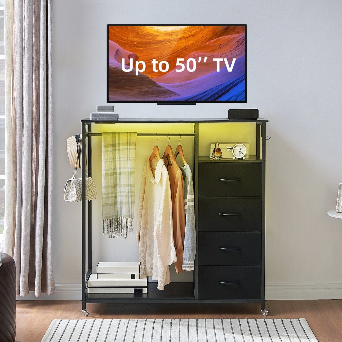 Somdot Dresser with Clothes Rack, 4 Drawers Dresser with Charging Station & LED, Black Storage Closet