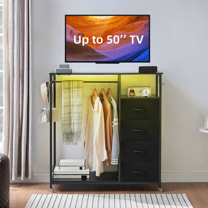 Somdot Dresser with Clothes Rack, 4 Drawers Dresser with Charging Station & LED, Black Storage Closet