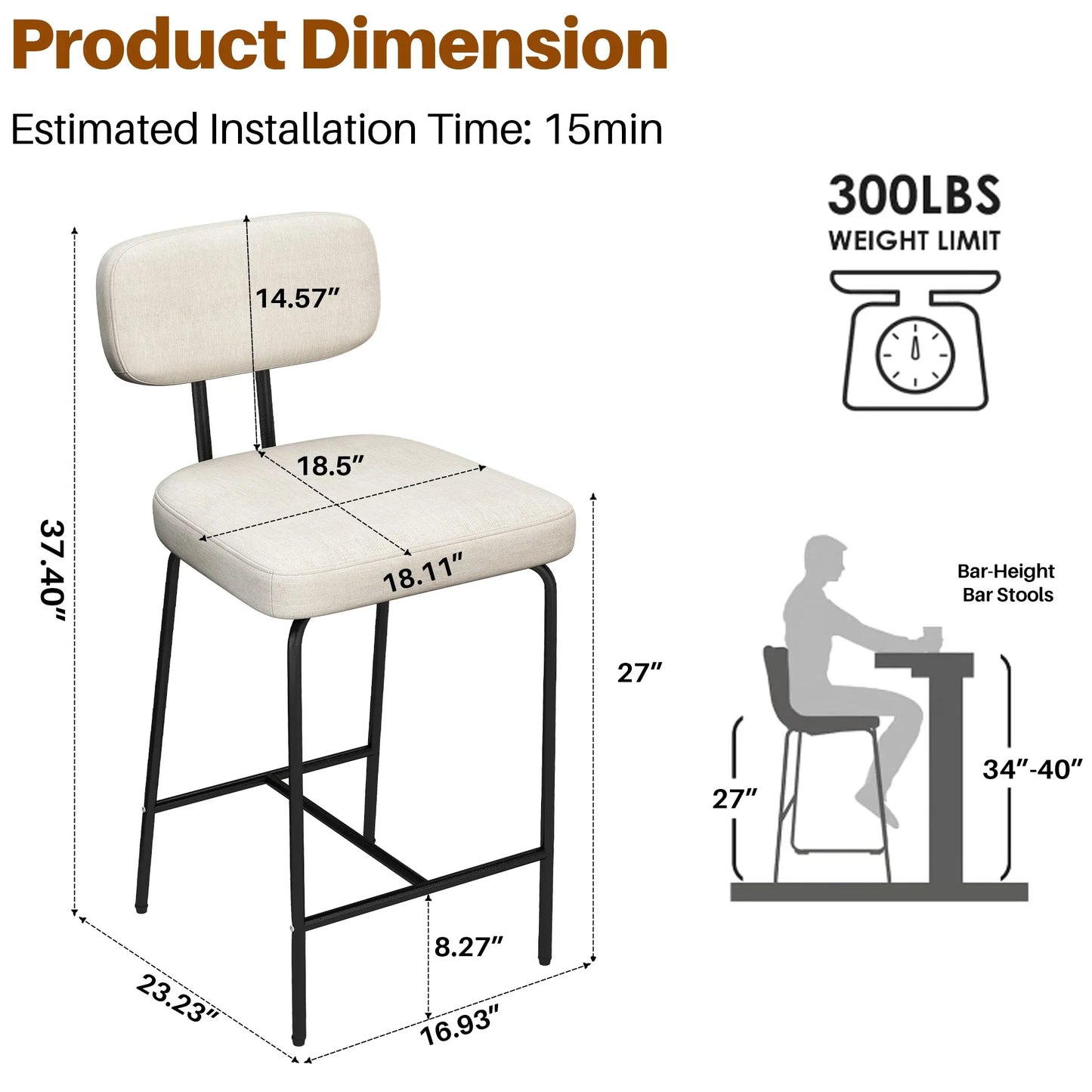 HomeZeer Bar Stools Set of 2, 27" Counter Height Barstools with Back and Footrest, Square Fabric Upholstered Stools, White