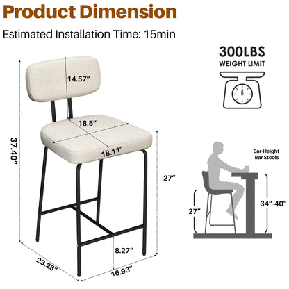 HomeZeer Bar Stools Set of 2, 27" Counter Height Barstools with Back and Footrest, Square Fabric Upholstered Stools, White