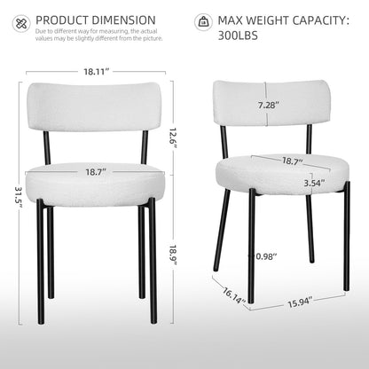 HomeZeer Dining Chair Set of 2, Modern Boucle Upholstered Dining Chair, Dining Room Round Seat with Curved Backrest, White Dining Room Chairs with Black Metal Legs for Kitchen