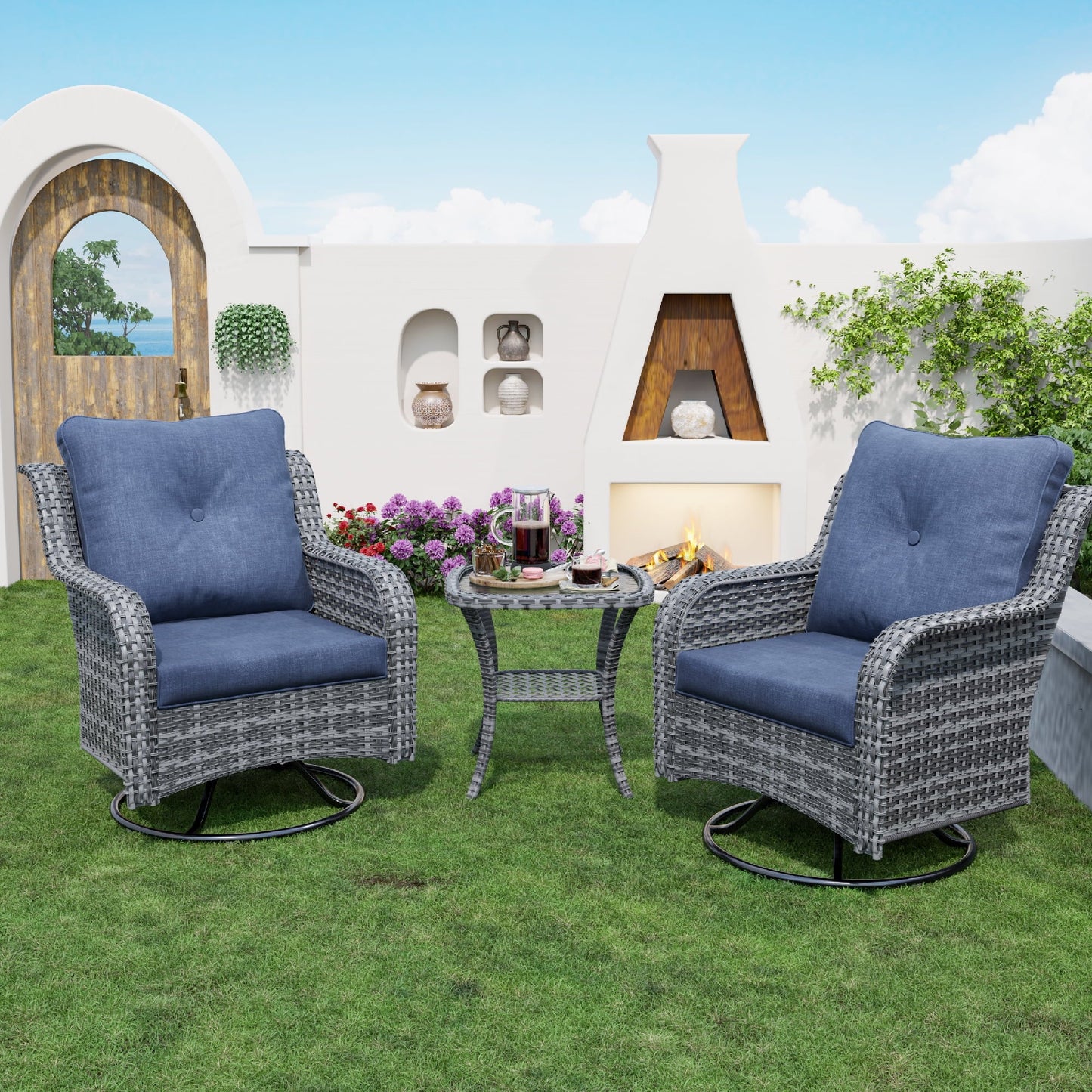 ECOPATIO 3 Pieces Patio Furniture Set, Outdoor Swivel Gliders Rocker, Wicker Patio Bistro Set w Rattan Rocking Chair, Glass Top Side Table Thickened Cushions for Porch Deck Backyard (Navy)