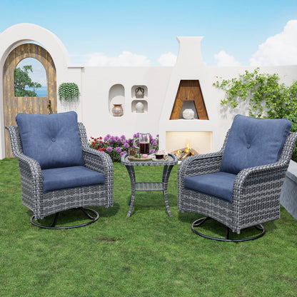ECOPATIO 3 Pieces Patio Furniture Set, Outdoor Swivel Gliders Rocker, Wicker Patio Bistro Set w Rattan Rocking Chair, Glass Top Side Table Thickened Cushions for Porch Deck Backyard (Navy)