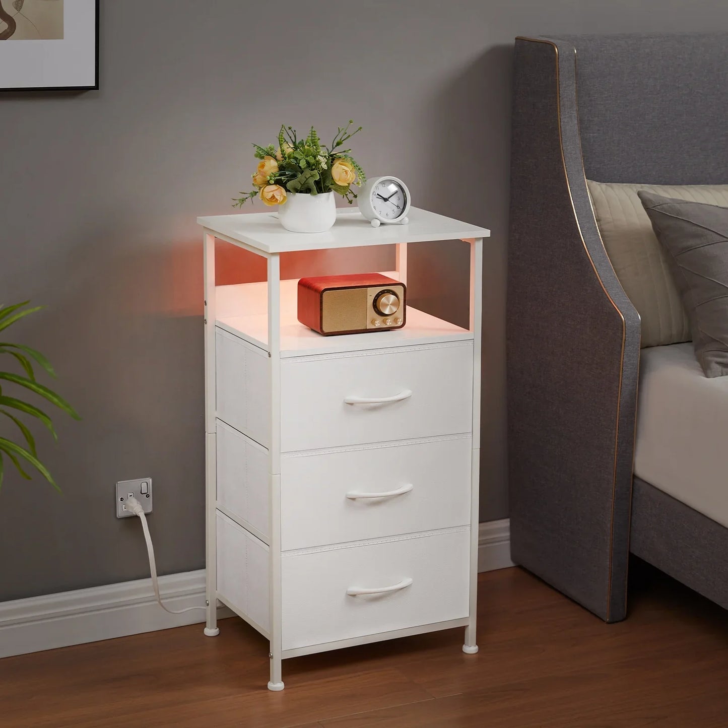 Somdot LED Dresser with Charging Station, 3 Lightweight Fabric Drawers and Open Shelf, White Leather