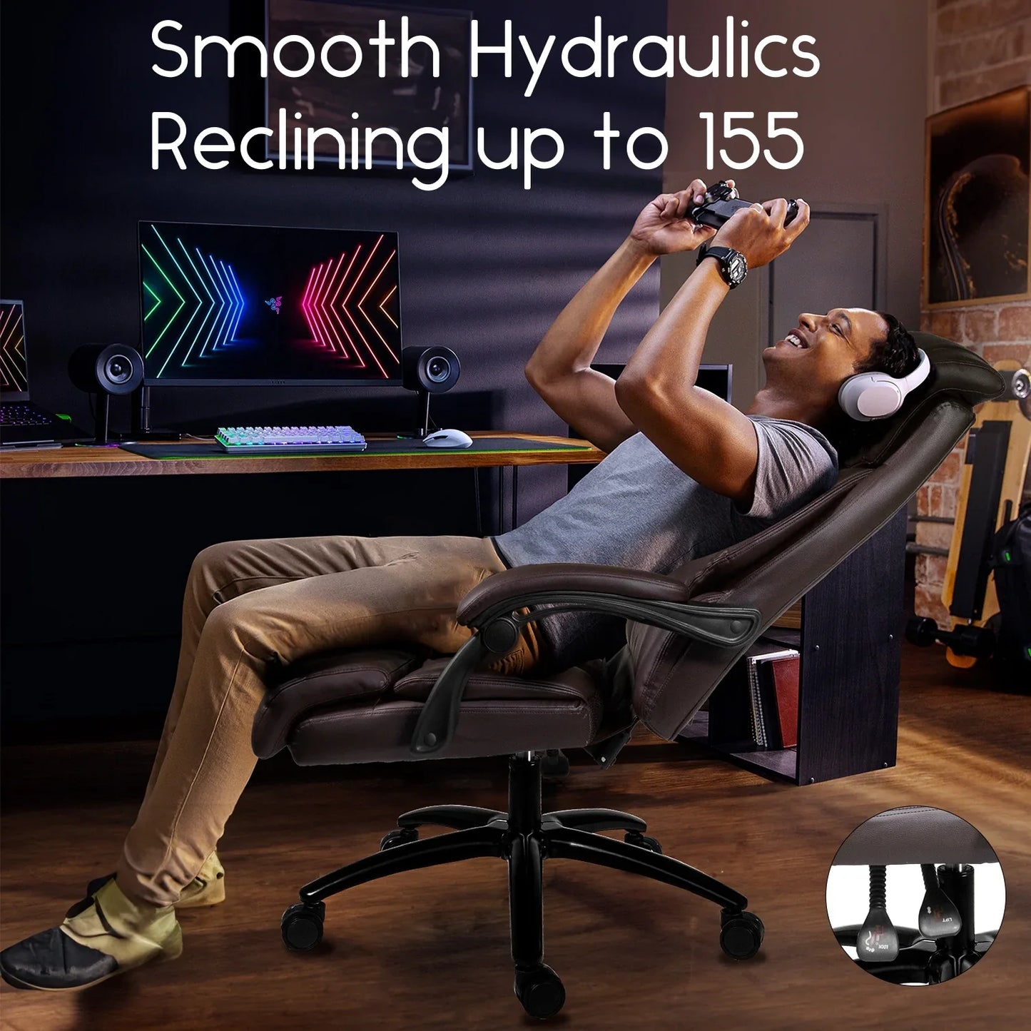 HomeZeer Big and Tall Office Chair, Pu Leather Executive Chair High Back Office Desk Chairs 400lbs for Heavy People, Adult Brown