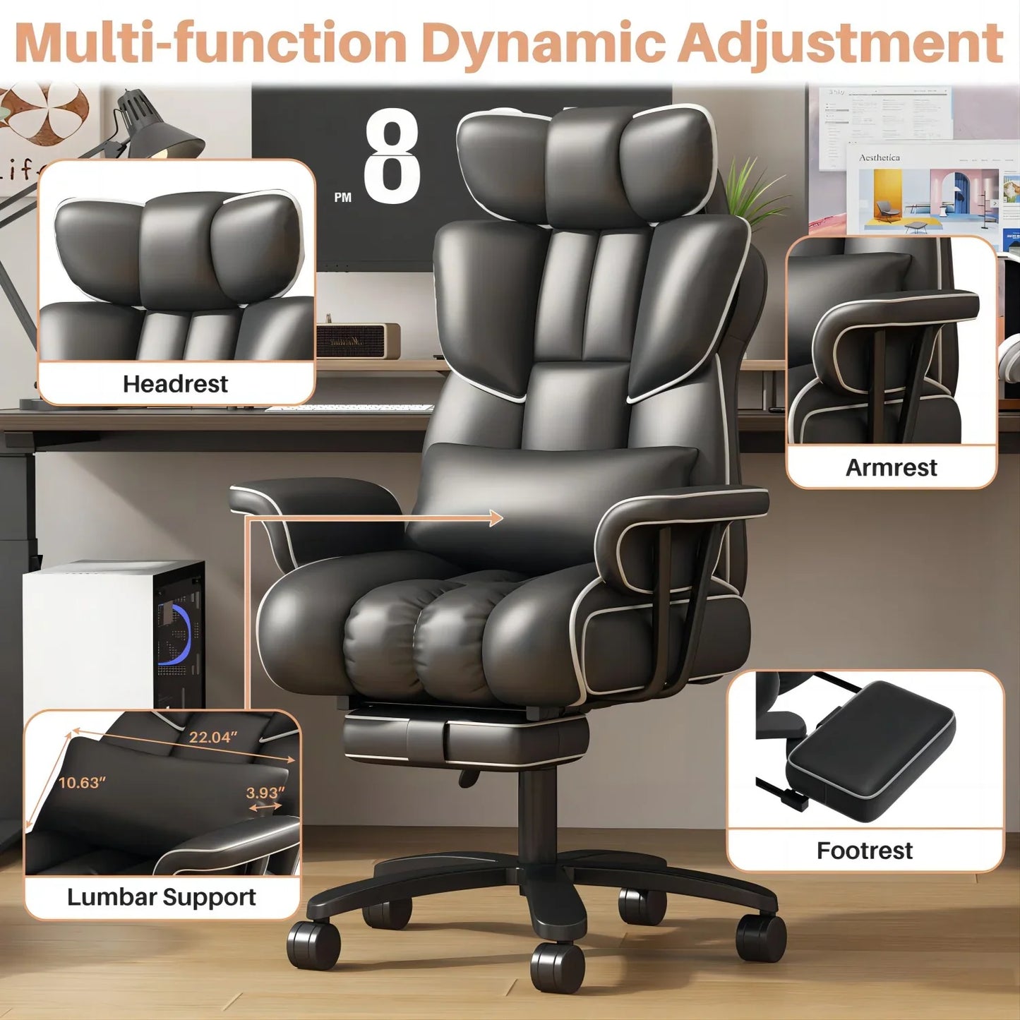 HomeZeer Reclining Office Chair 400lbs with Footrest, Executive Big and Tall Office Chair with Lumbar Support and Wide Seat, Heavy Duty Leather High Back Desk Chair, Black