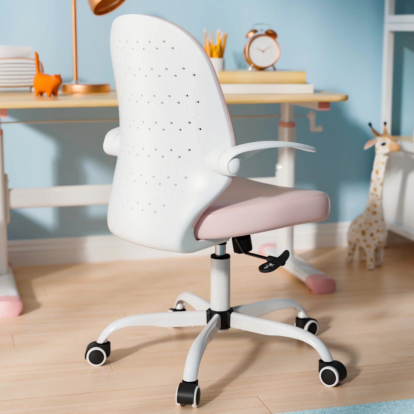 HomeZeer Kids Desk Chair, Pink Study Office Chair for Girls with Height Adjustable, Swivel Leather Chair for 4-12, Flip-up Arms Home Office Chair for Teens