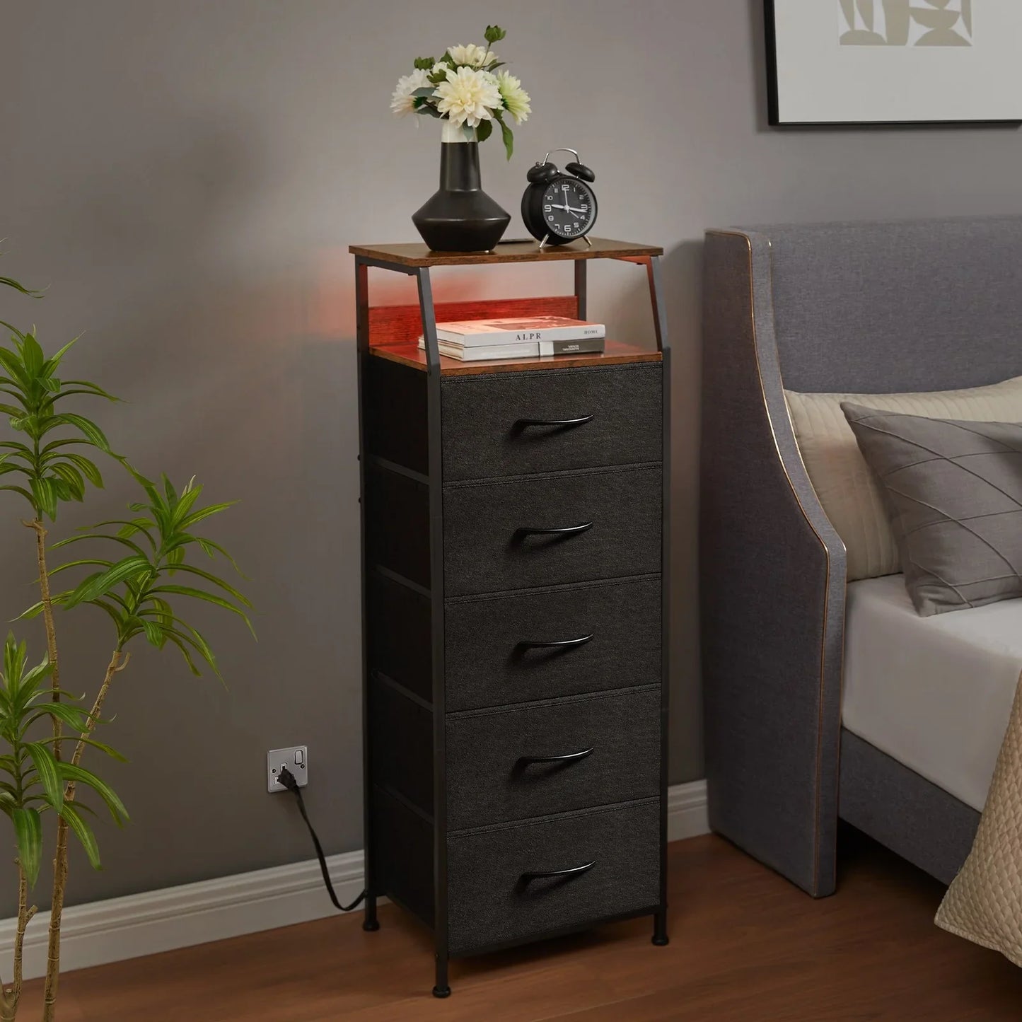 Somdot Dresser with Charging Station, Nightstand with 5 Removable Fabric Drawers, Black Rustic Brown
