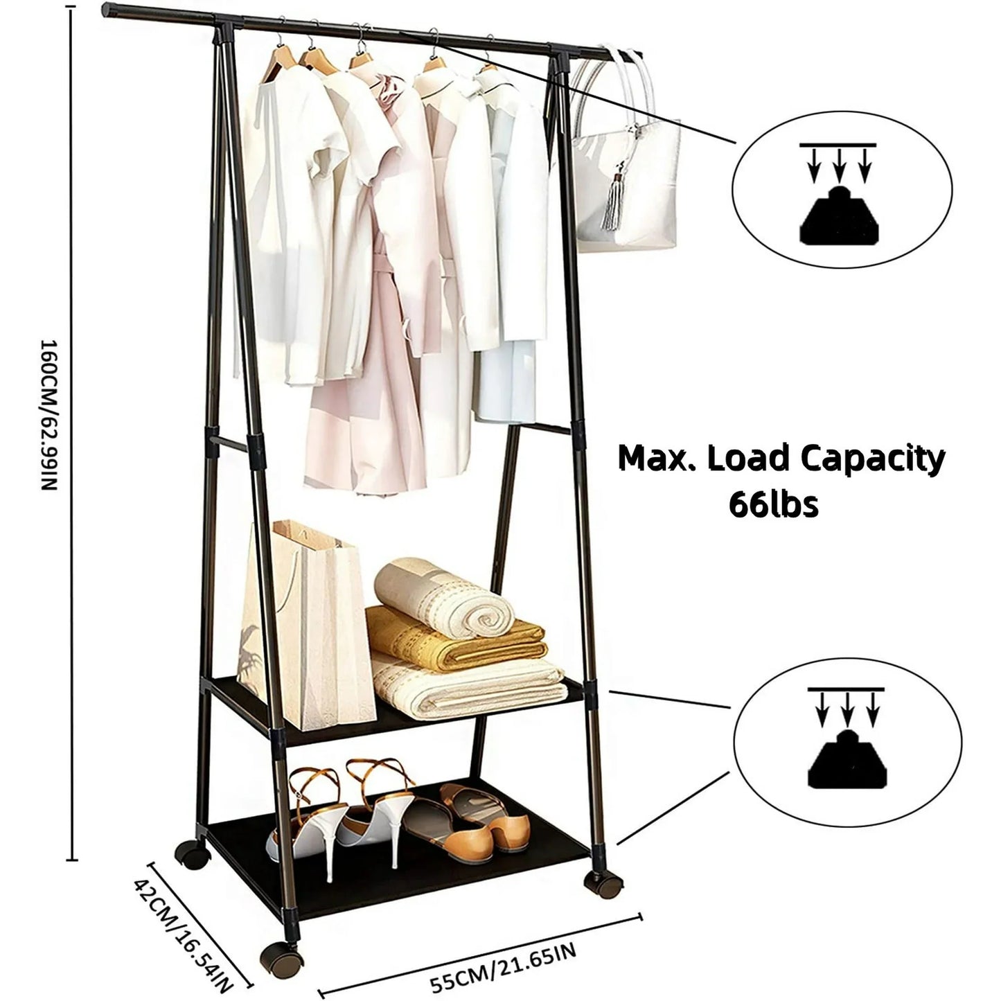 Clothes Rack 2 Tier, Triangle Garment Rack, Clothes Organizer on Wheels, Portable Garment Laundry Coat Rack, Closet Rack for Hanging Clothes, Clothes Hanging Rack for Home Office Dorm Black