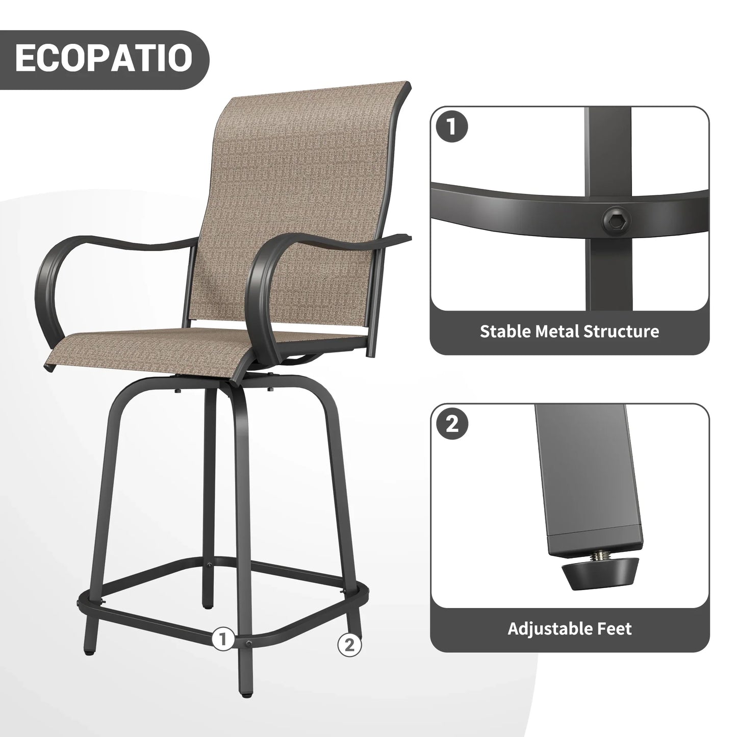 ECOPATIO Patio Swivel Bar Stools Chair of 2, All Weather High Back and Armrest Patio Stools & Bar Chairs for Backyard, Lawn Garden, Balcony , Brown