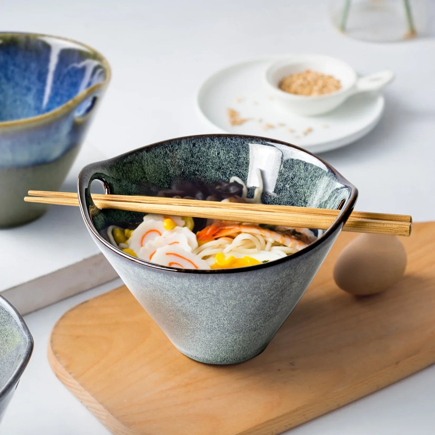 UNICASA 26 OZ Ramen Bowls Set, Ceramic Japanese Noodle Bowls Set of 2, Porcelain Deep Salad Bowl with Chopsticks for Udon, Reactive Glaze, Microwave Safe (Green)