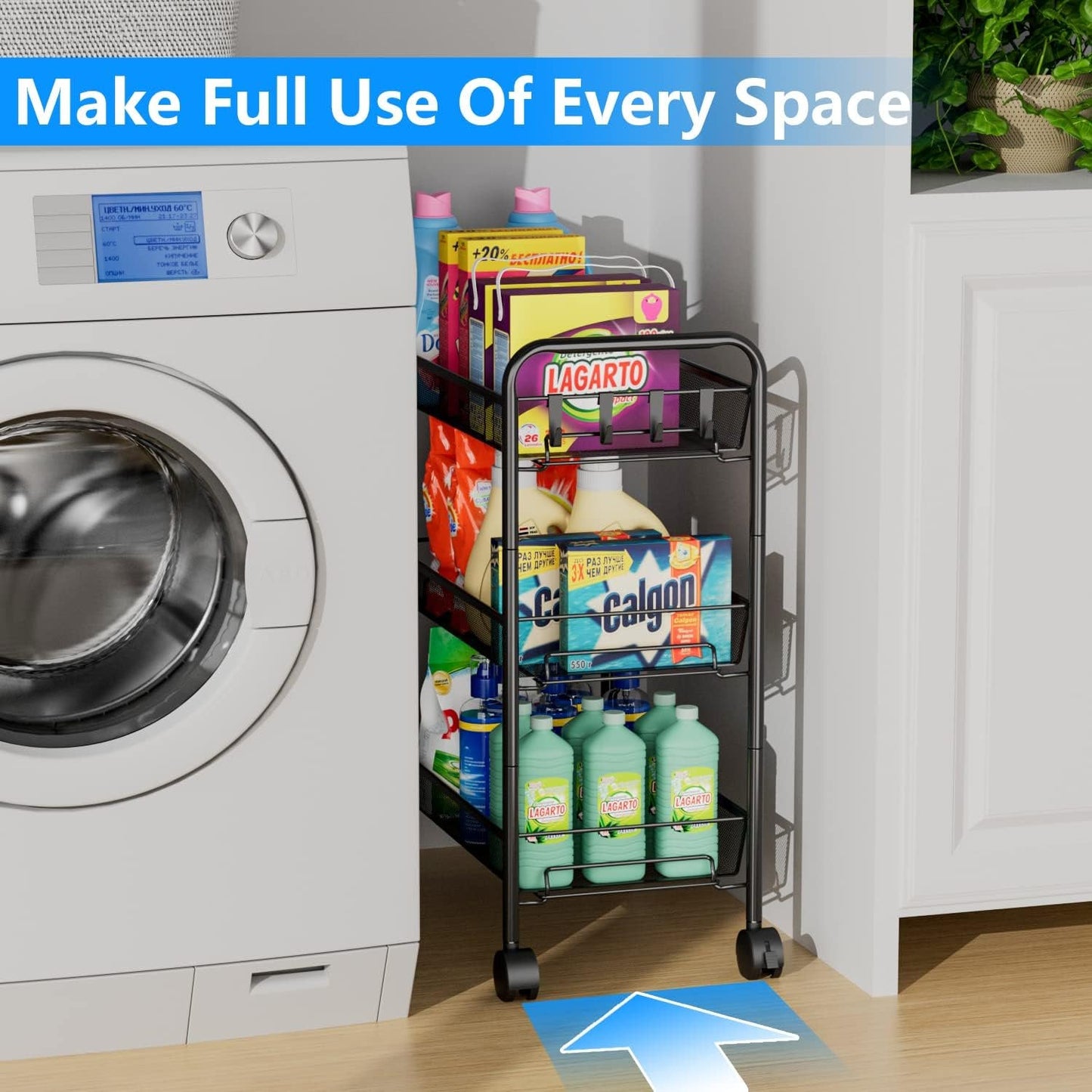 Baokaler 3 Tier Rolling Cart on Wheels, Multifunctional Storage Mesh Cart with 4 Side Hooks, Utility Cart for Home Bathroom Kitchen Office Living Room, Black